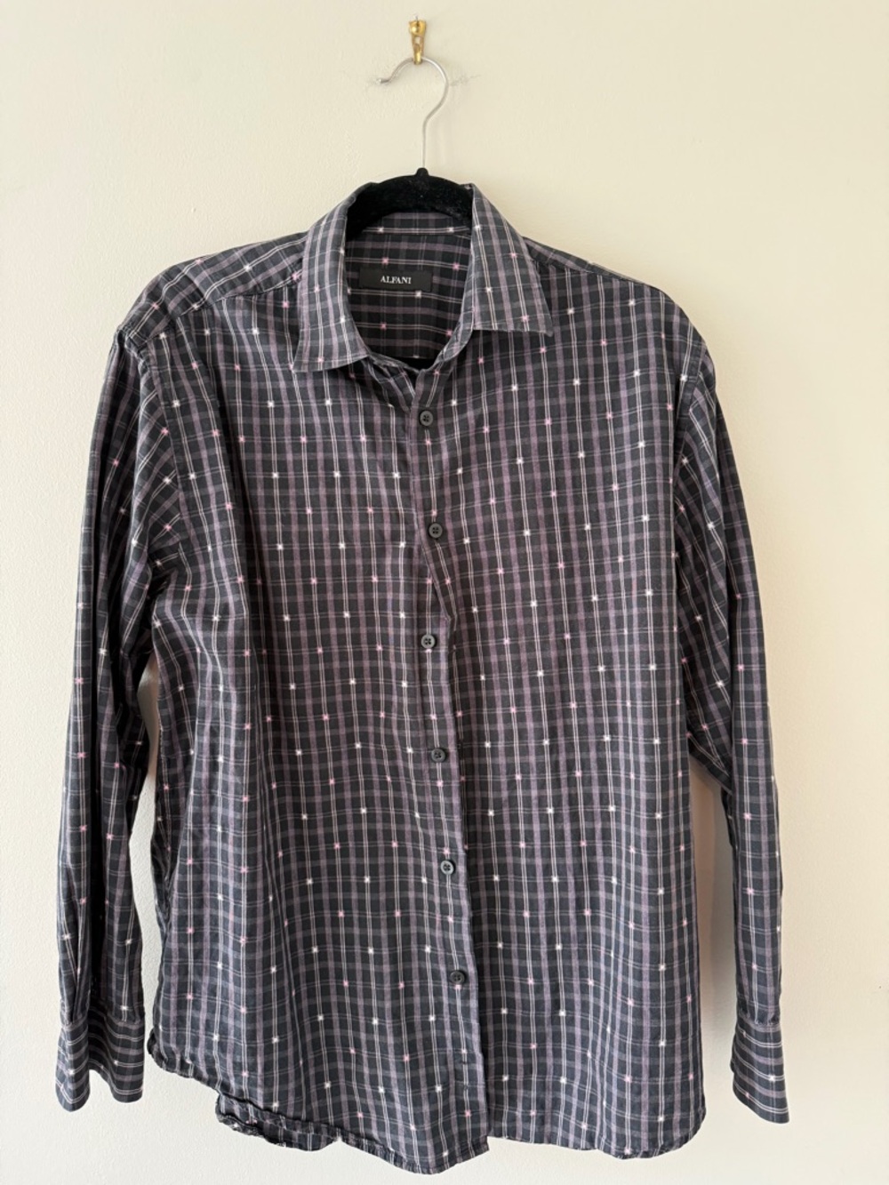 Alfani Men's Black Plaid Button-Down Shirt with Pink Accents